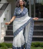 White cotton poly printed saree