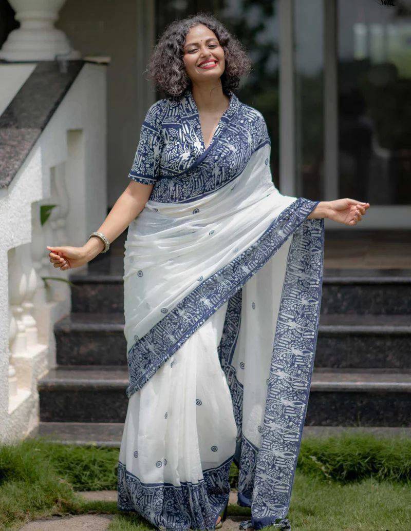 White cotton poly printed saree