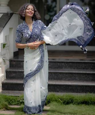 White cotton poly printed saree 2