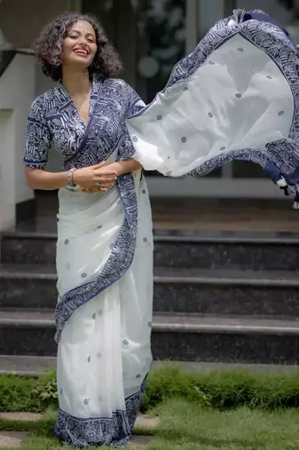 White cotton poly printed saree