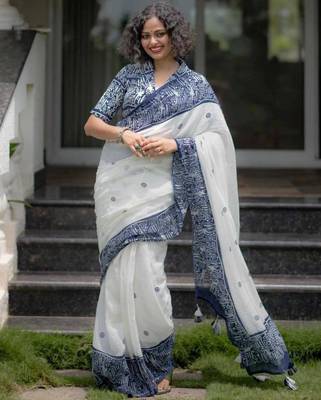 White cotton poly printed saree 3