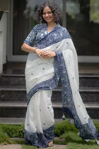 White cotton poly printed saree