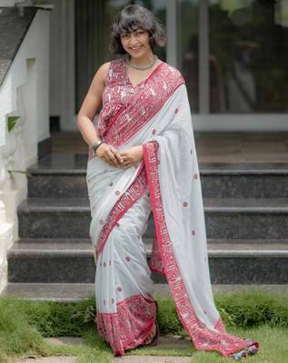 White cotton poly printed saree 1