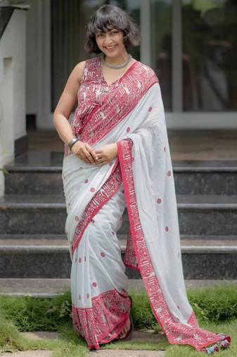 White cotton poly printed saree