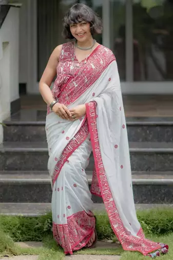 White cotton poly printed saree