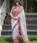 White cotton poly printed saree