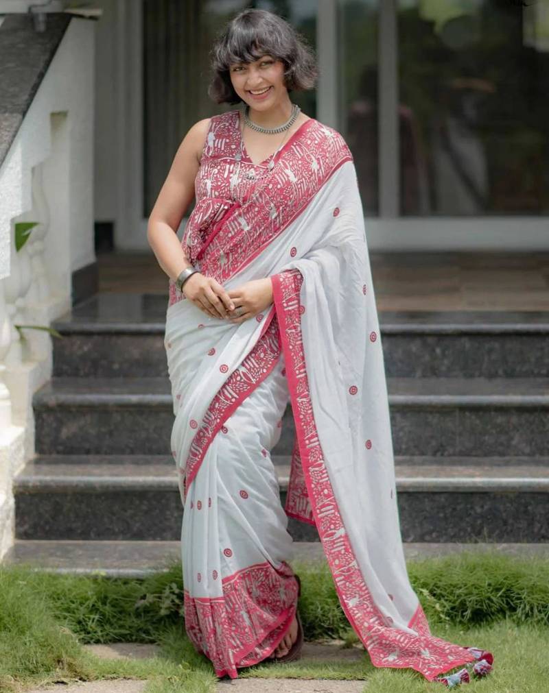 White cotton poly printed saree