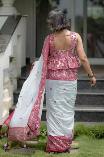 White cotton poly printed saree