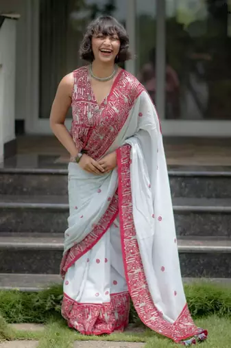 White cotton poly printed saree