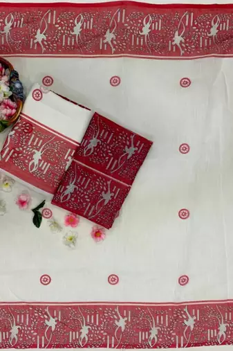 White cotton poly printed saree