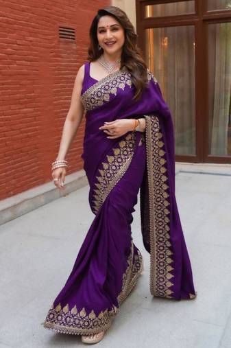 Purple silk blend embroidered saree