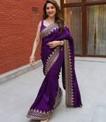 Purple silk blend embroidered saree