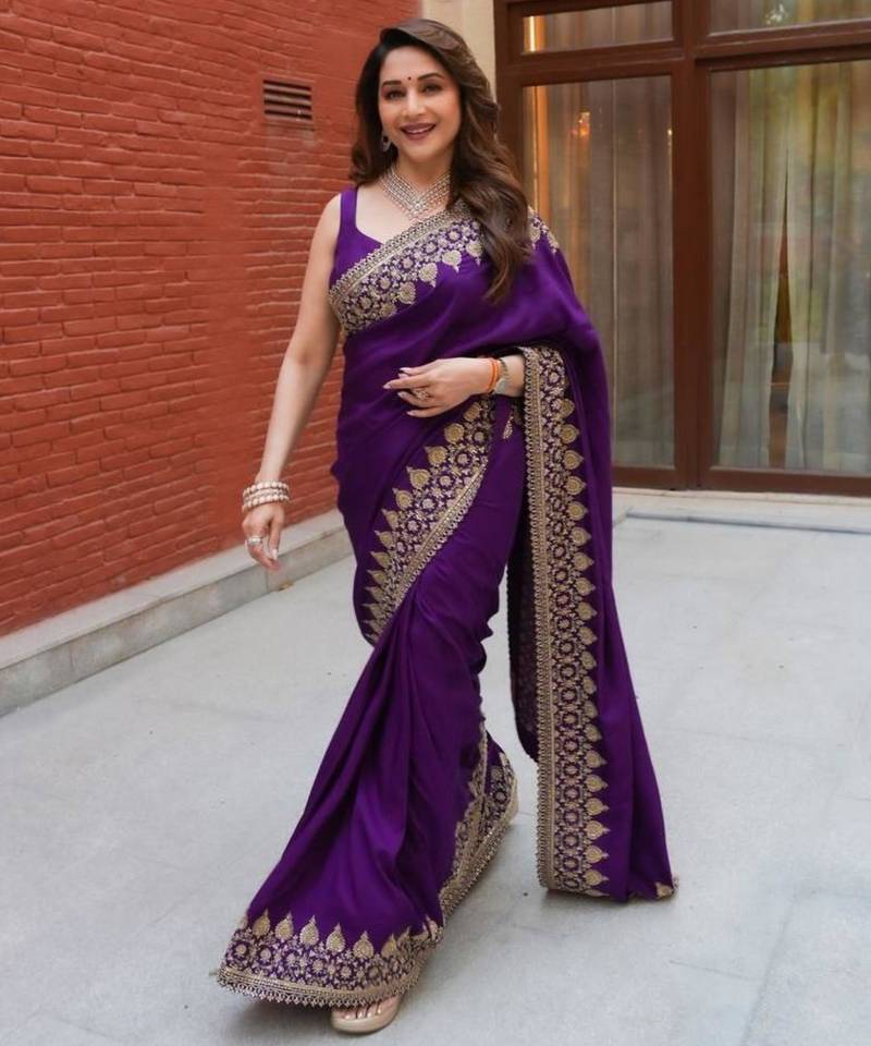 Purple silk blend embroidered saree