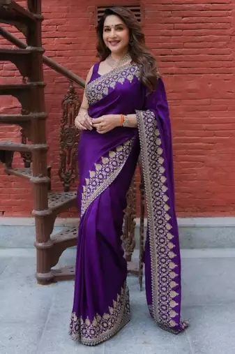 Purple silk blend embroidered saree