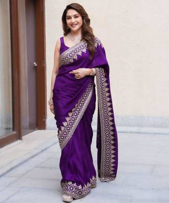 Purple silk blend embroidered saree 4