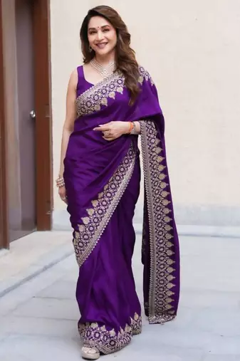Purple silk blend embroidered saree