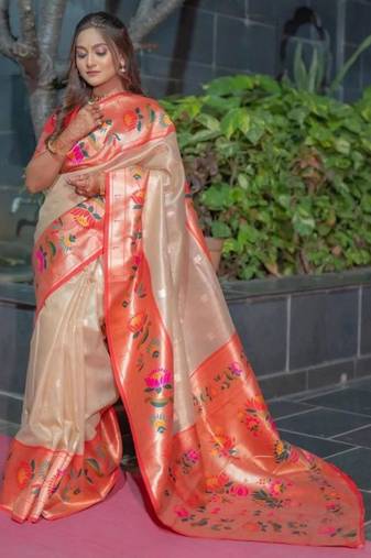 Beige silk blend zari woven saree