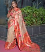 Beige silk blend zari woven saree
