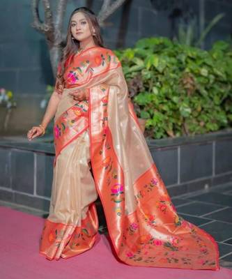 Beige silk blend zari woven saree 2