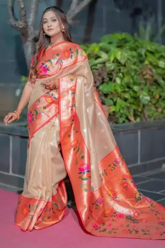 Beige silk blend zari woven saree