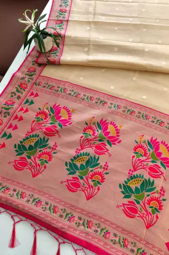 Beige silk blend zari woven saree