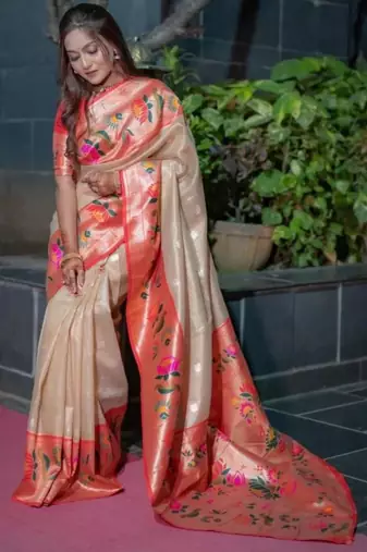 Beige silk blend zari woven saree