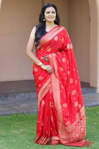 Red silk blend zari woven saree
