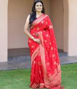 Red silk blend zari woven saree