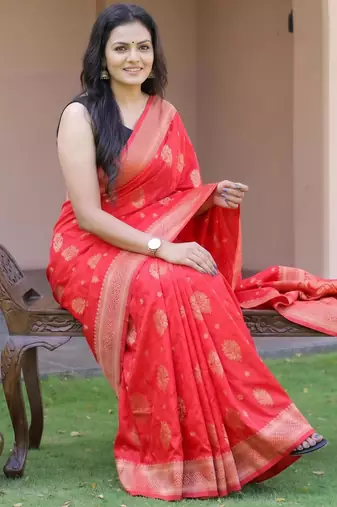 Red silk blend zari woven saree