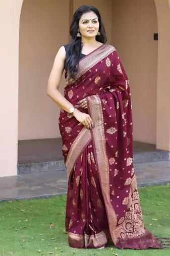 Wine silk blend zari woven saree