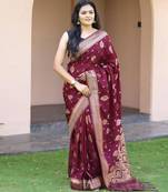 Wine silk blend zari woven saree