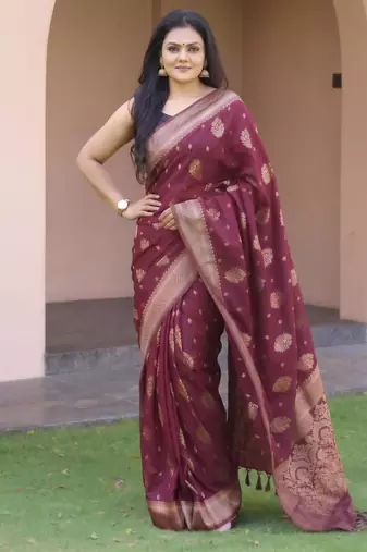 Wine silk blend zari woven saree