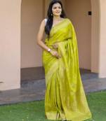 Parrot green silk blend zari woven saree