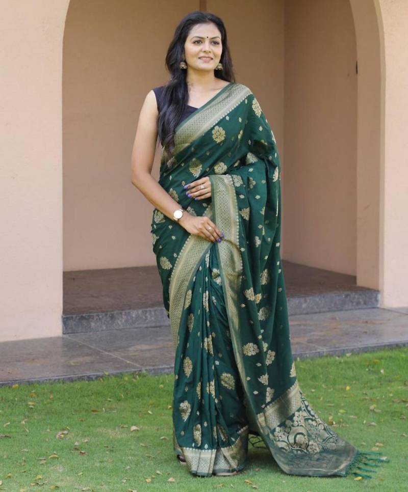 Green silk blend zari woven saree