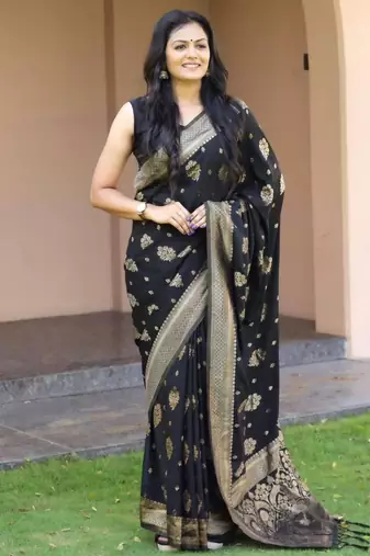Black silk blend zari woven saree