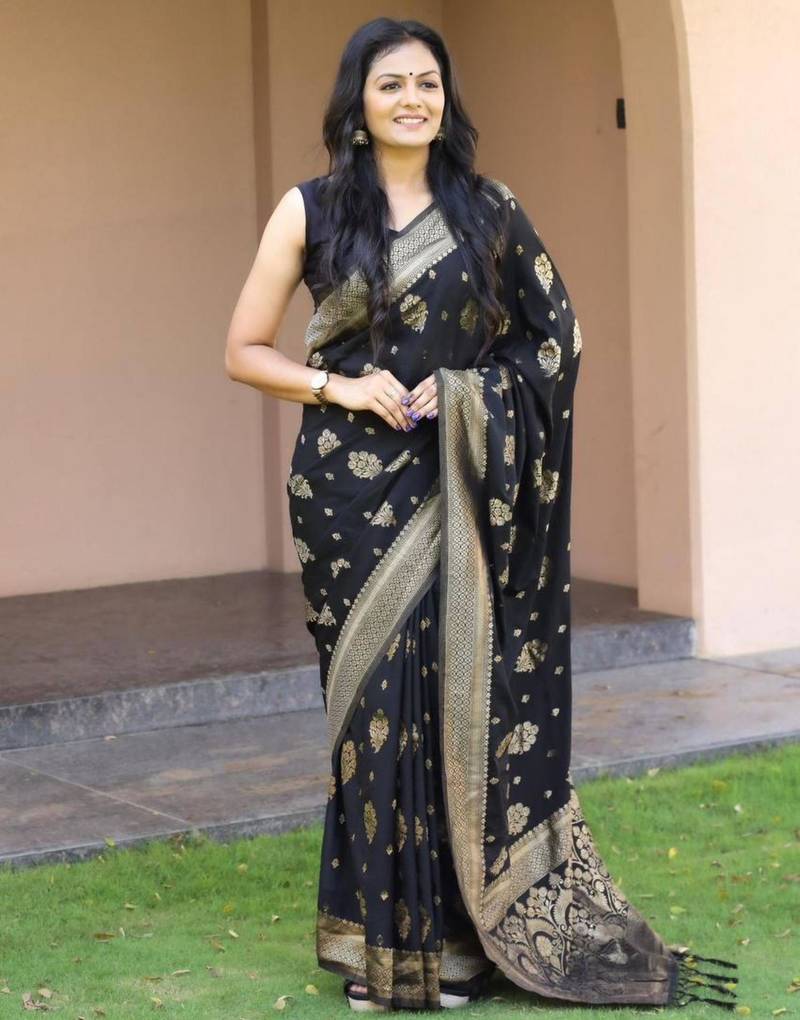 Black silk blend zari woven saree
