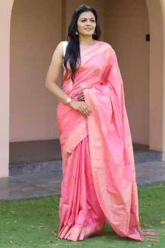 Baby pink silk blend zari woven saree