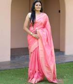 Baby pink silk blend zari woven saree