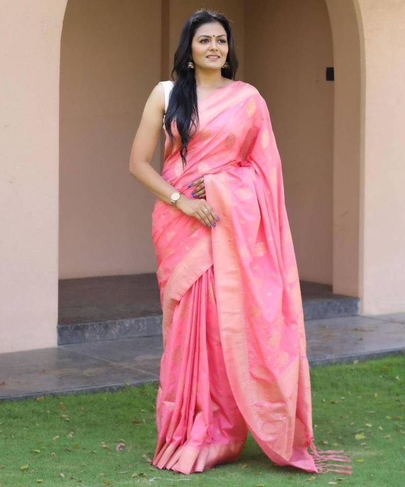 Baby pink silk blend zari woven saree