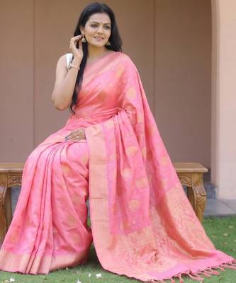 Baby pink silk blend zari woven saree 2
