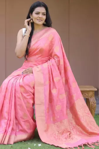 Baby pink silk blend zari woven saree
