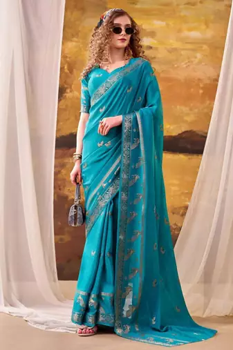 Teal crepe printed saree