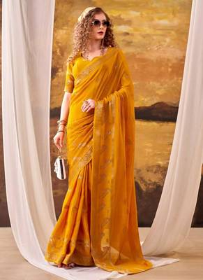 Yellow crepe printed saree 1