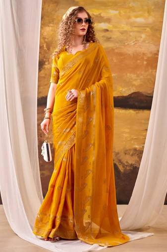 Yellow crepe printed saree