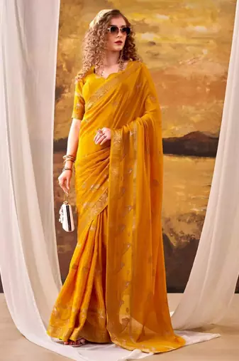 Yellow crepe printed saree