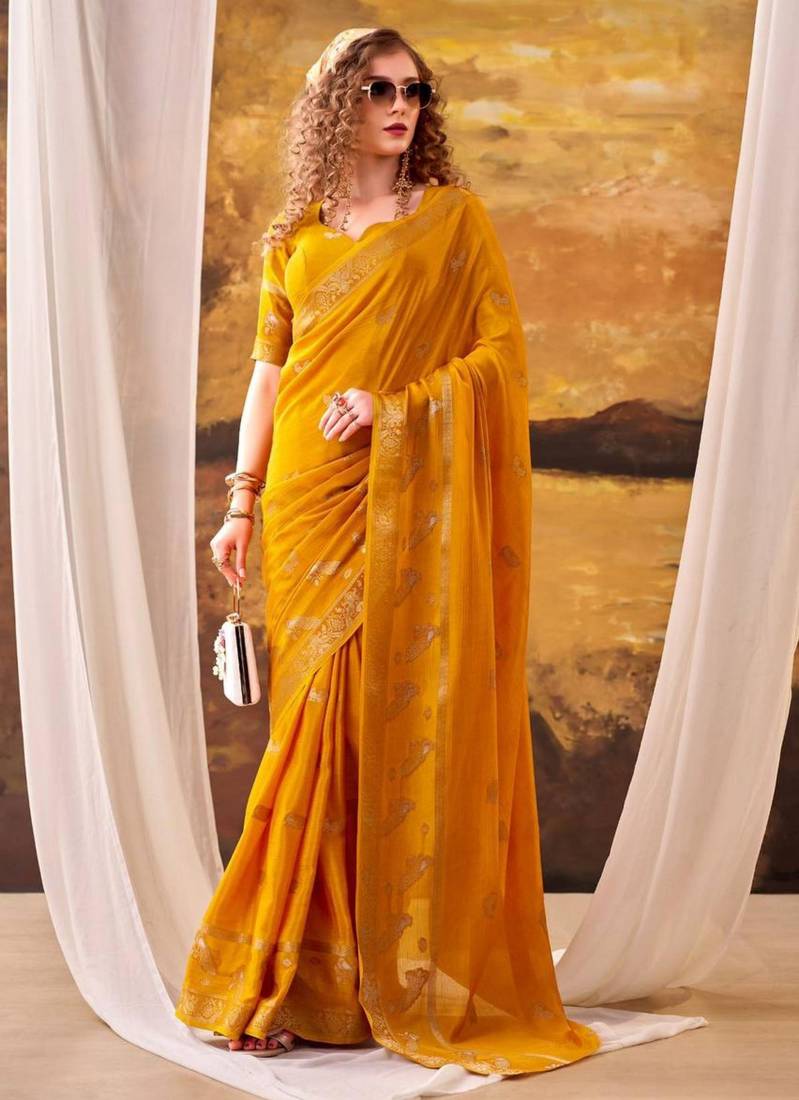 Yellow crepe printed saree