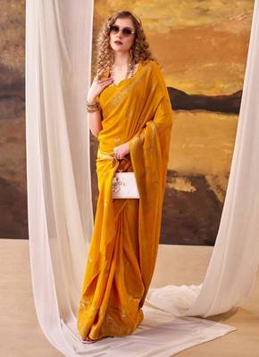 Yellow crepe printed saree 2