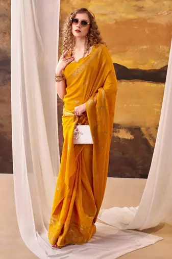 Yellow crepe printed saree