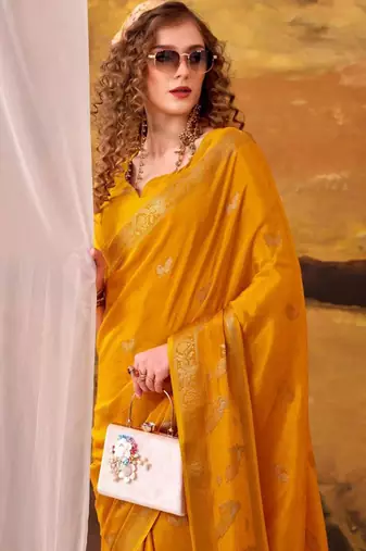 Yellow crepe printed saree