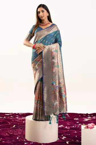 Teal silk blend zari woven saree